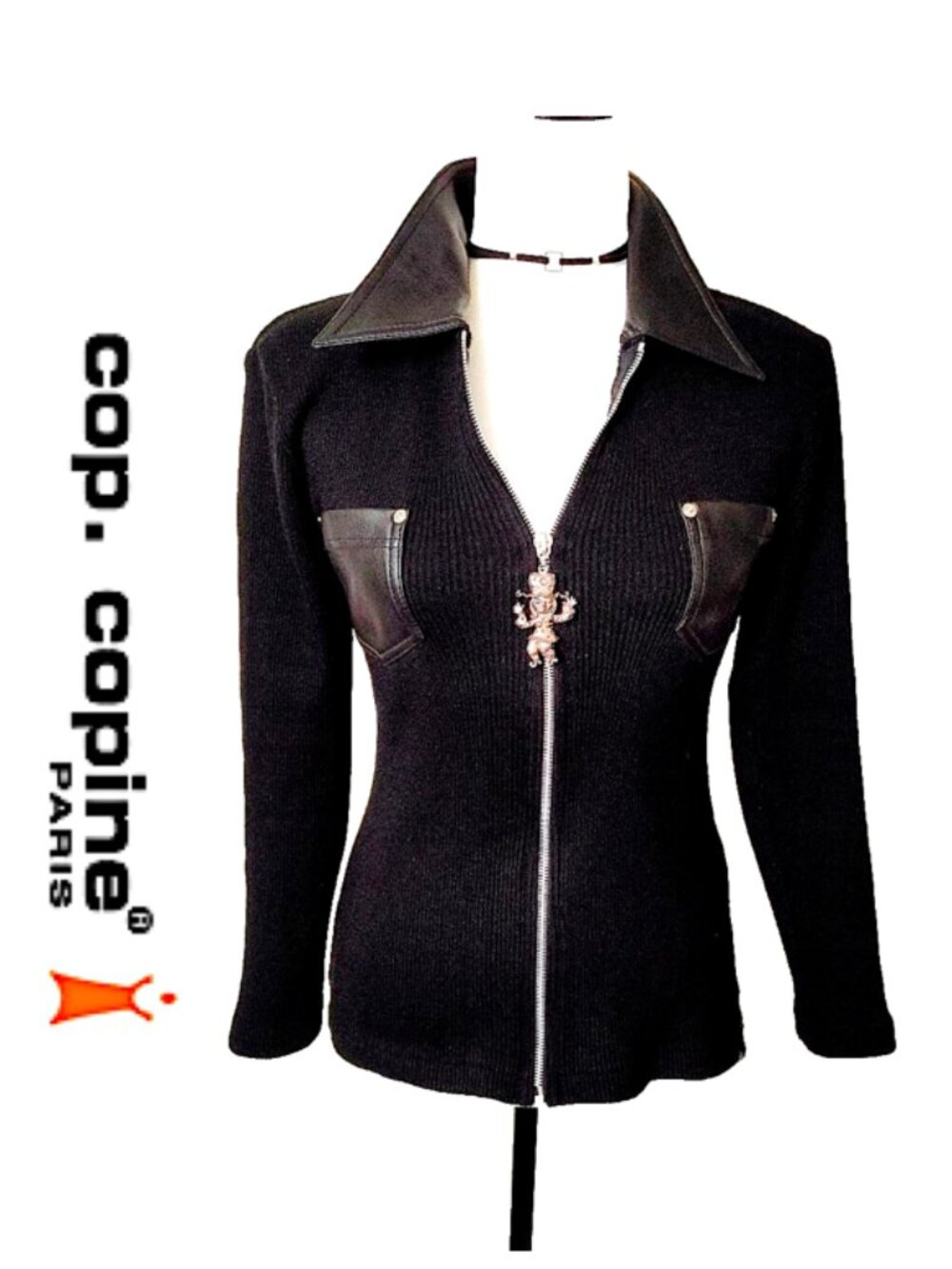 COP.COPINE Paris Black Zip Sweater Ribbed Stretchy Knit Leather Collar Pockets